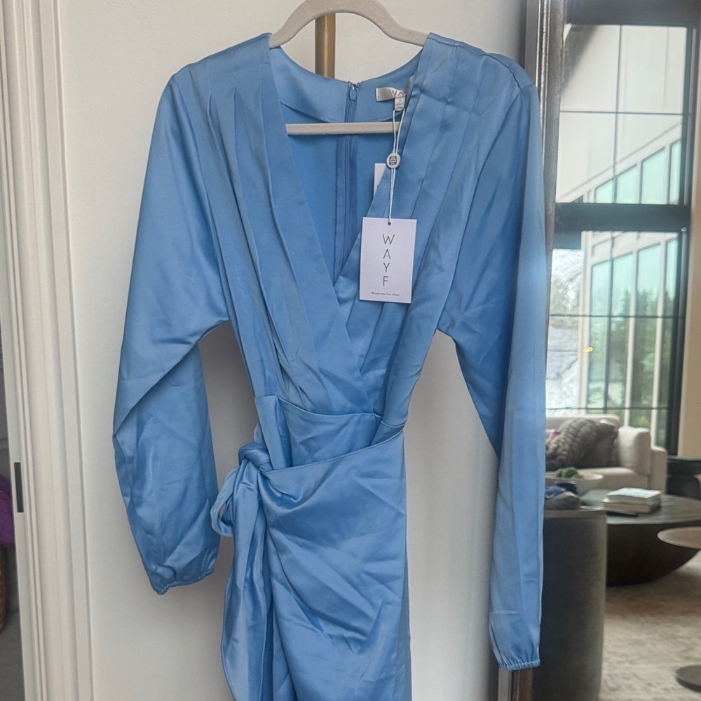 NWT Wayf Light Blue Midi Wrap Dress - Picture 6 of 7